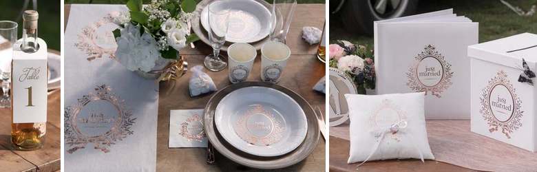Déco table mariage Just Married rose gold.